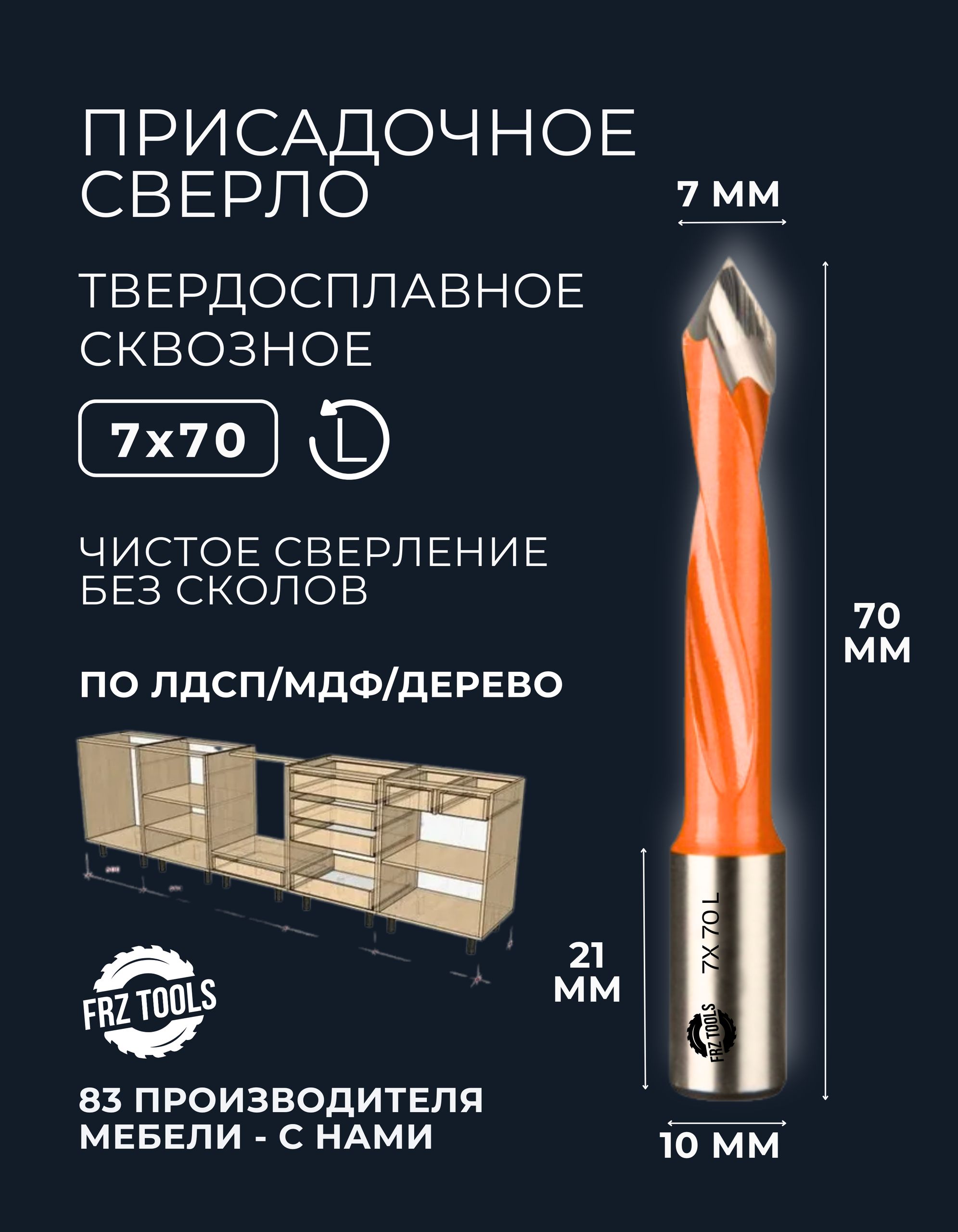 Сверло присадочное 7 мм сквозное, для станка, левое FRZ-TOOLS